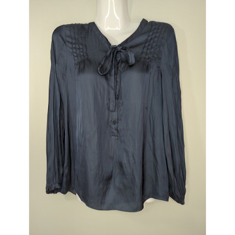 J. Crew Blue Lightweight Pleated Tie Neck Long Sleeve Button Top Size‎ XS